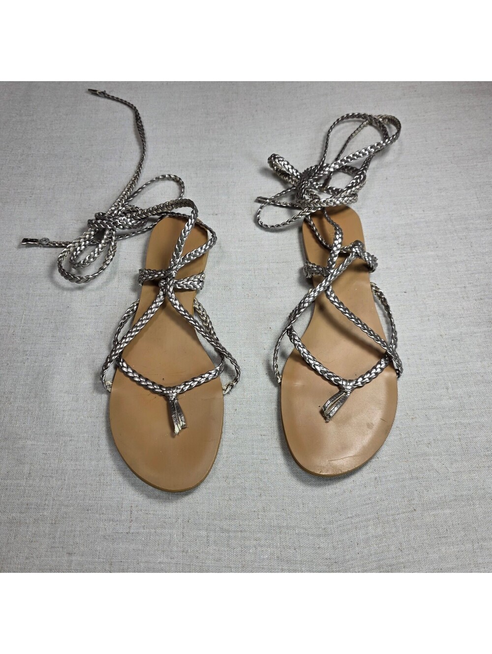 Y2K Colin Stuart Silver Metallic Braided Gladiator Lace Up Sandal Sz 7.5 Vintage